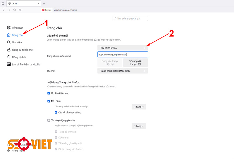 cài đặt google làm trang chủ Firefox