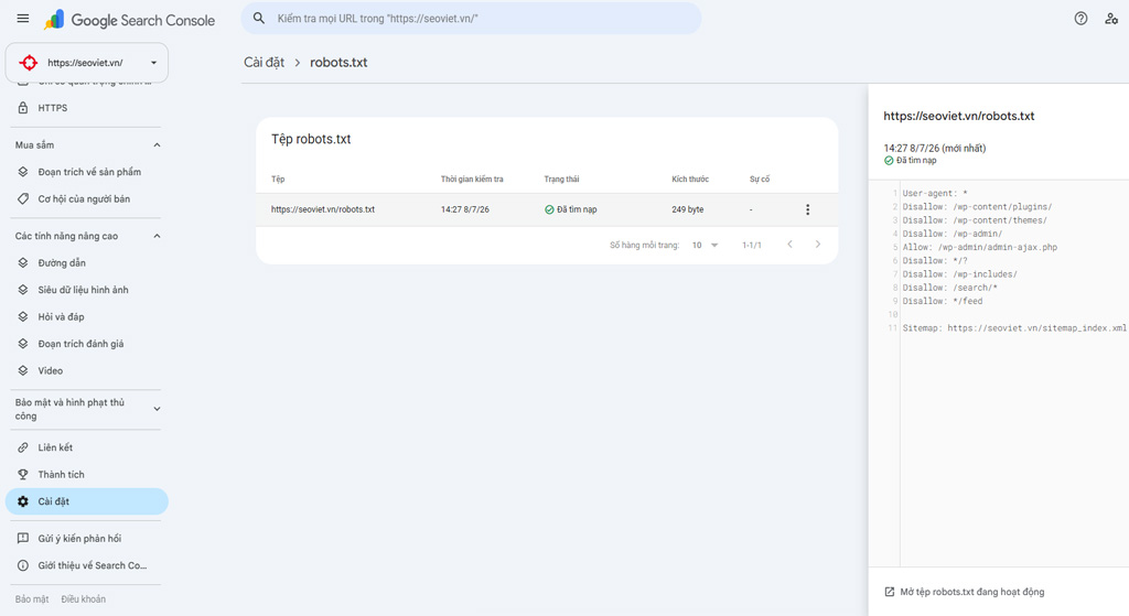 Báo cáo trạng thái robots.txt trên Google Search Console