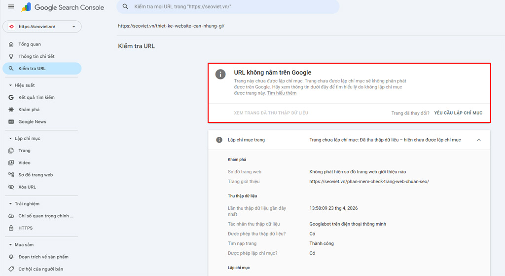 Tra cứu trực tiếp trên Google Search Console