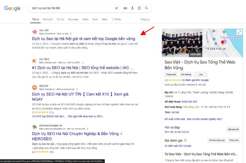 Từ khóa “dịch vụ seo tại Hà Nội” đứng ở top 1 Google