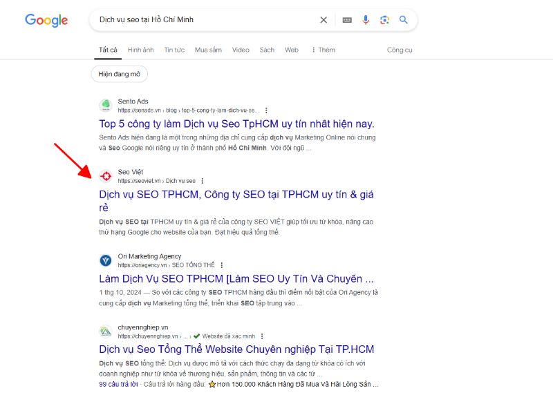 Từ khóa “dịch vụ seo tại Hồ Chí Minh” đứng ở trang 1 Google