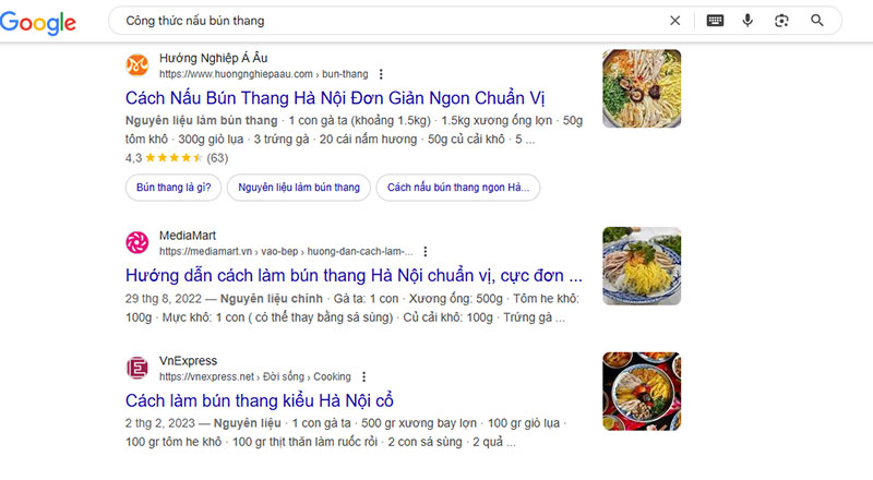 Kết quả tìm kiếm "Công thức nấu bún thang" có xếp hạng đánh giá