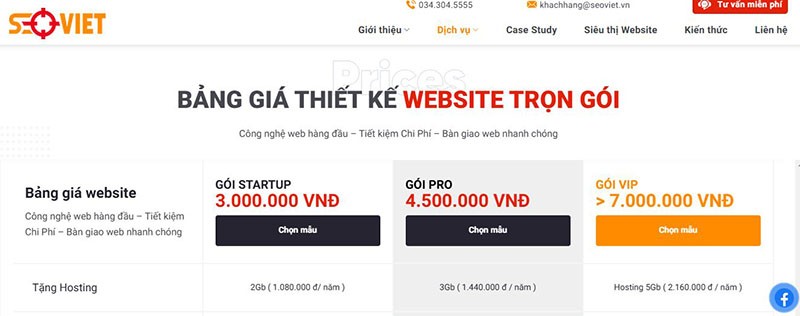 Bảng giá thiết kế website tại Seo Việt