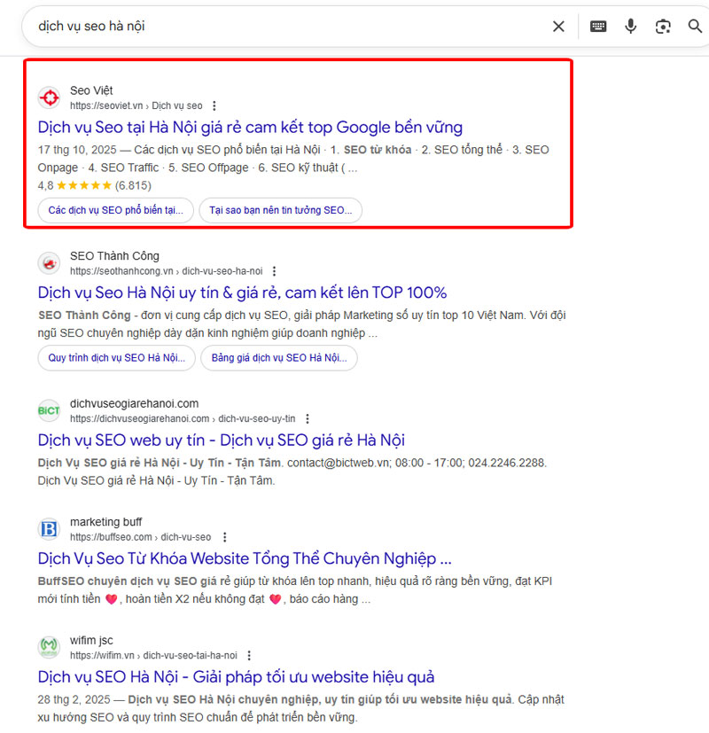 Từ khóa “dịch vụ seo tại Hà Nội” ở Top 3 trang 1 Google
