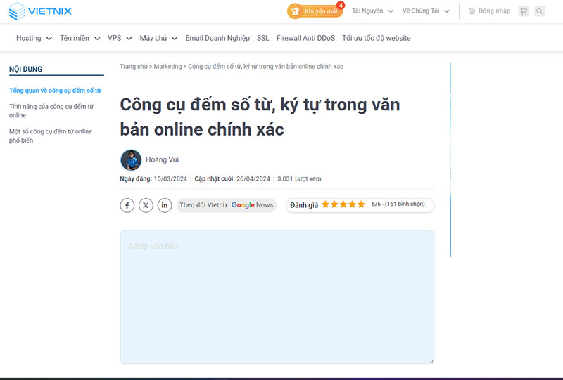 Công cụ đếm ký tự online Vietnix