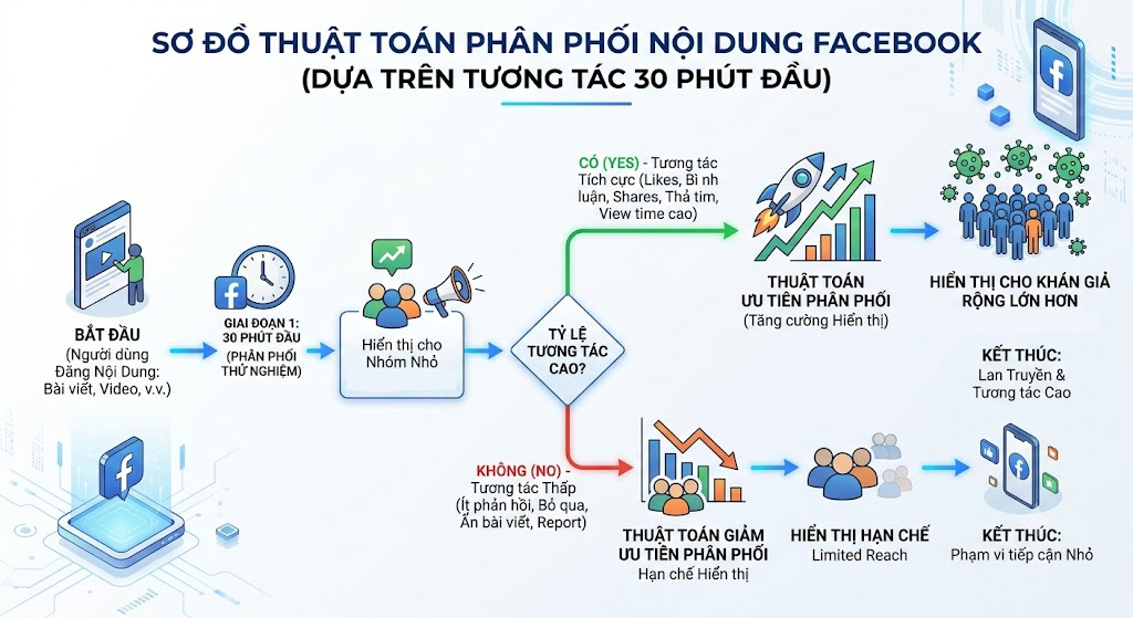 Sơ đồ thuật toán phân phối nội dung Facebook dựa trên tỷ lệ tương tác 30 phút đầu