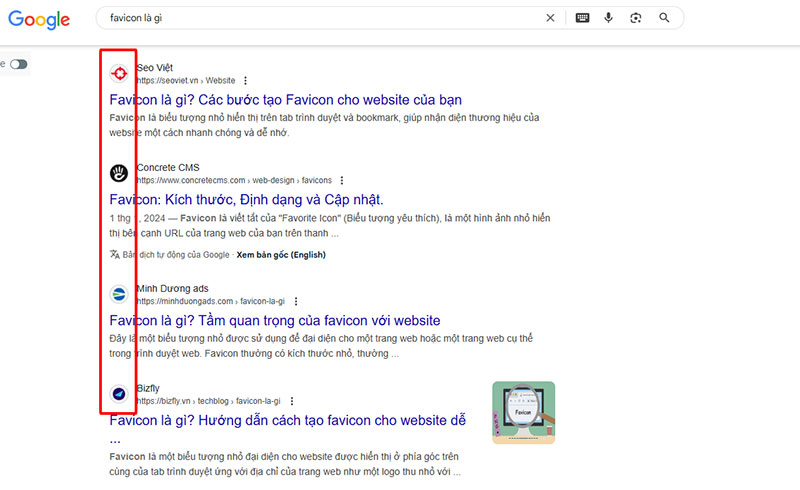 Favicon xuất hiện trong kết quả tìm kiếm của Google giúp tăng nhận diện thương hiệu