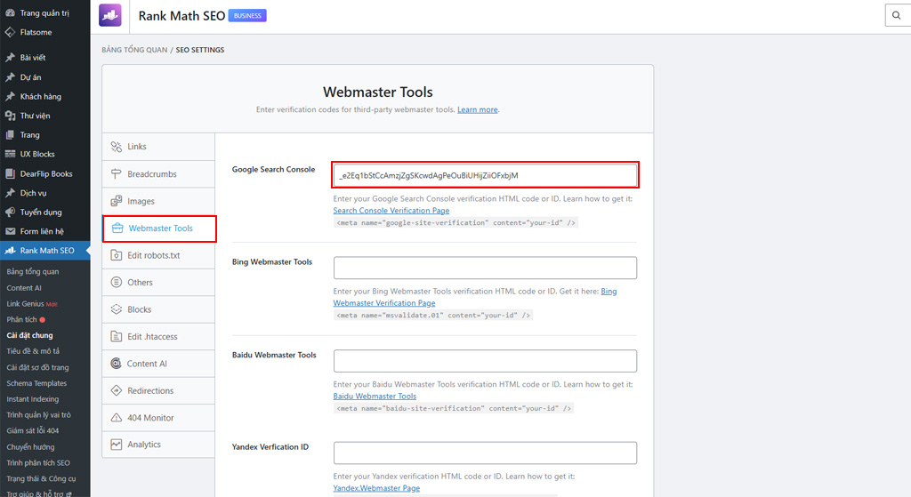 Dán mã TXT vào Webmaster Tools