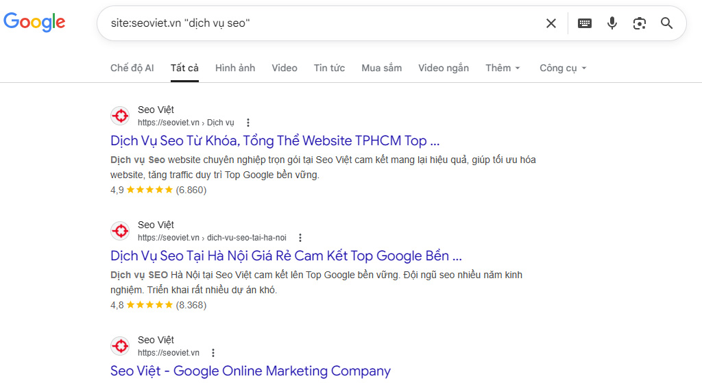 Sủ dụng toán tử Google site: