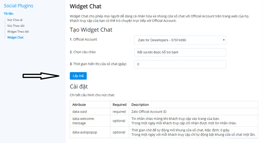 Tạo mã Widget trên Zalo Developers