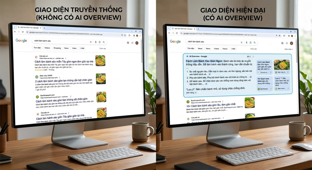 Giao diện SERP có và không có AI Overview