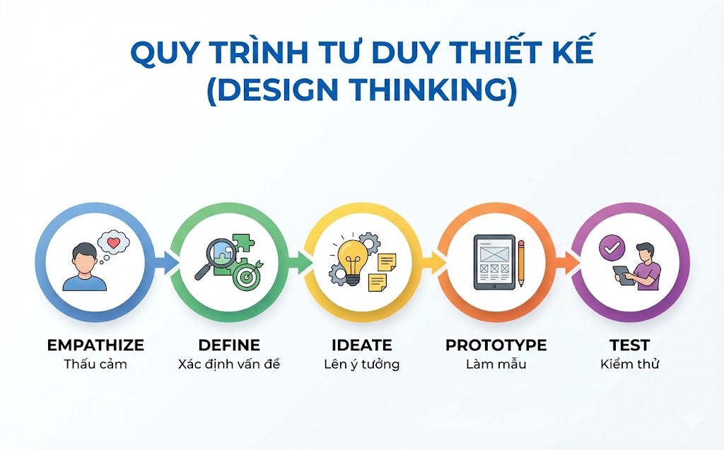 Sơ đồ 5 bước của quy trình Design Thinking