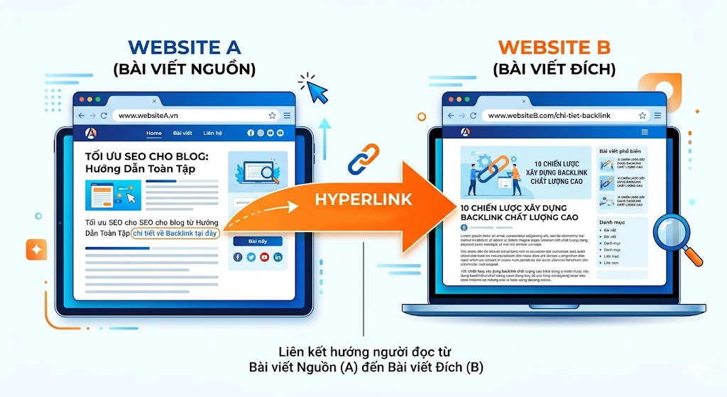 Sơ đồ trực quan Website A (Bài viết nguồn) --- Hyperlink ---> Website B (Bài viết đích)