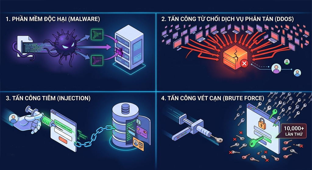 4 mối đe dọa (Malware, DDoS, Injection, Brute Force).