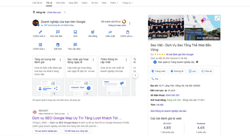 Giao diện hiển thị Google Business Profile trên trang kết quả tìm kiếm