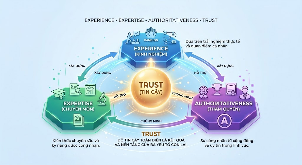Sơ đồ trực quan 4 trụ cột Experience - Expertise - Authoritativeness - Trust