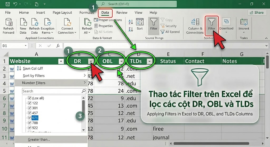 Dùng Filter trên Excel để lọc các cột DR, OBL và TLDs
