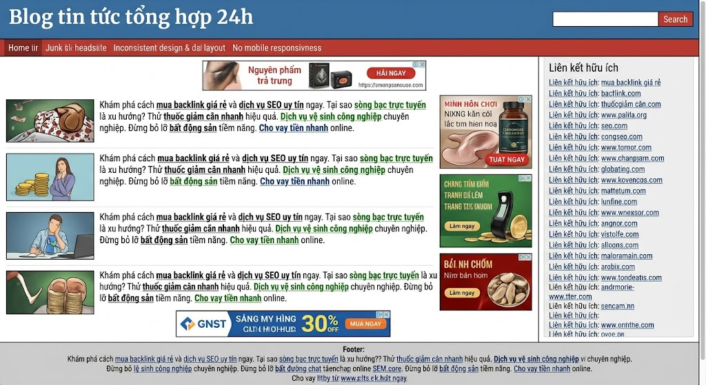 Một trang web rác điển hình với giao diện cẩu thả, chằng chịt anchor text