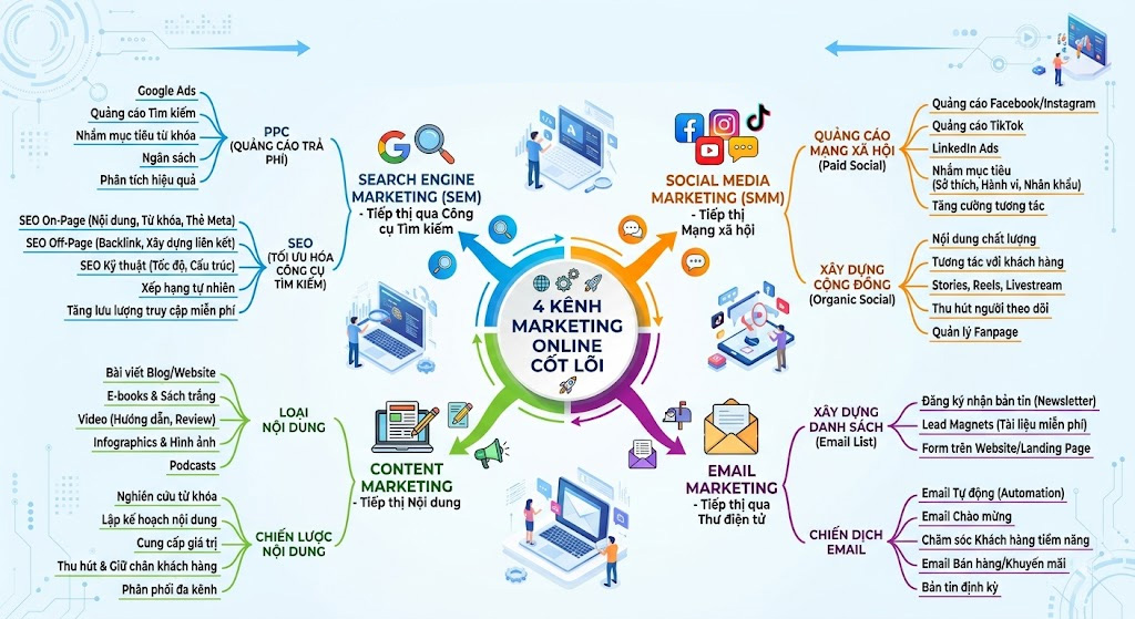 Sơ đồ tư duy hệ thống hóa 4 kênh Marketing Online cốt lõi.