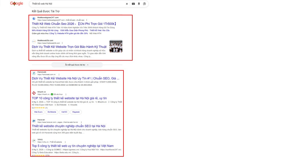 Vị trí hiển thị của quảng cáo trả phí (Ads) và kết quả Organic Traffic trên SERP