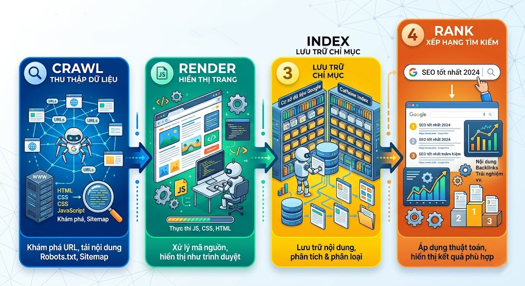4 bước Crawl -> Render -> Index -> Rank