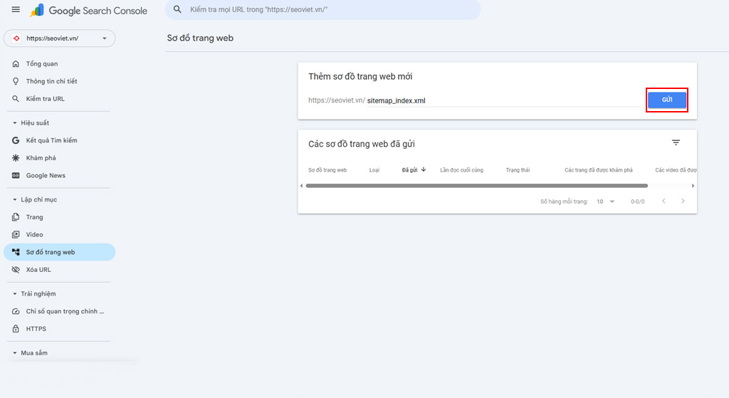 Copy đường dẫn sitemap vào lại mục Sơ đồ trang web trên GSC và nhấn gửi