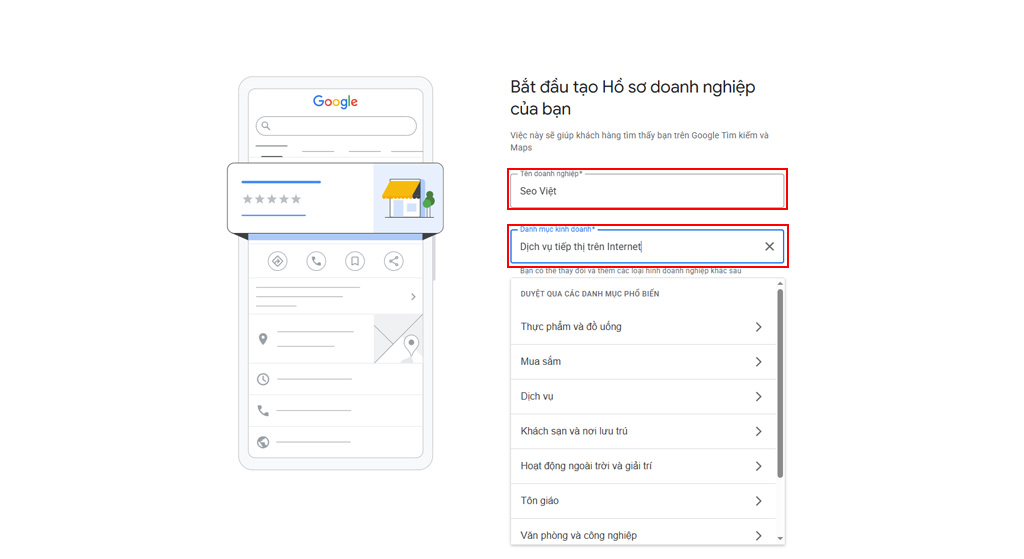 Khai báo Tên và chọn Danh mục kinh doanh