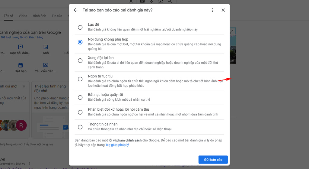 Chọn lỗi vi phạm chính sách của Google