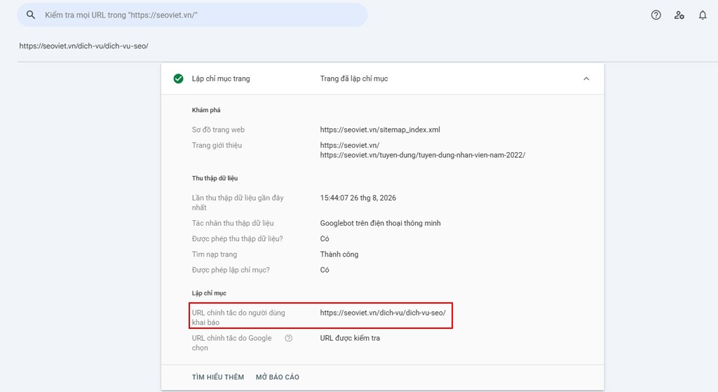 Kiểm tra bằng công cụ Inspect URL trên Search Console