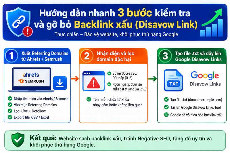 Hướng dẫn nhanh 3 bước kiểm tra và gỡ bỏ Backlink xấu (Disavow Link) thực chiến