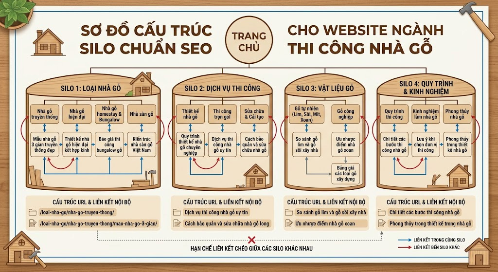 Sơ đồ cấu trúc silo chuẩn SEO cho website ngành thi công nhà gỗ