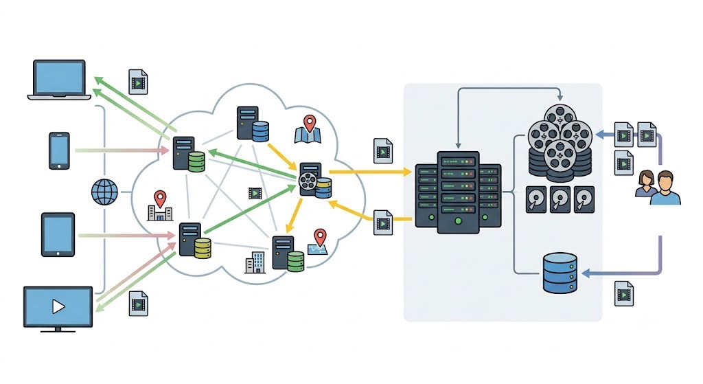 Sơ đồ kiến trúc máy chủ và CDN cho website xem phim.