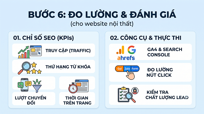 Hướng dẫn SEO website nội thất từ A-Z: Tăng traffic & chuyển đổi 7 Buoc-6-Do-luong-Danh-gia-hieu-qua-SEO