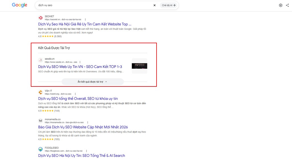 Vị trí hiển thị quảng cáo google adwords