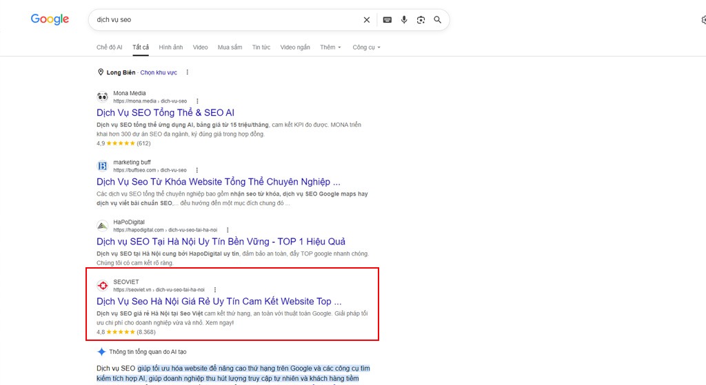 Vị trí hiển thị kết quả seo trên google