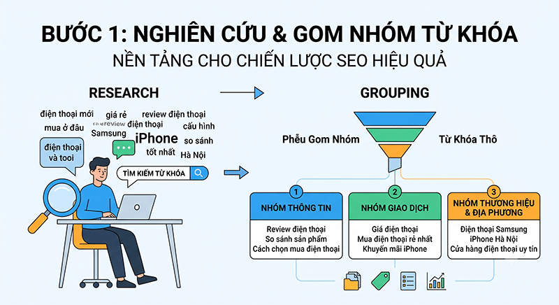 Hướng dẫn SEO danh mục sản phẩm, tăng traffic, tối ưu chuyển đổi Buoc-1-Nghien-cuu-va-gom-nhom-tu-khoa-Keyword-Grouping