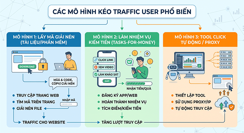 Traffic user là gì? Bản chất, rủi ro, cách tăng traffic bền vững Cac-mo-hinh-keo-traffic-user-pho-bien-hien-nay