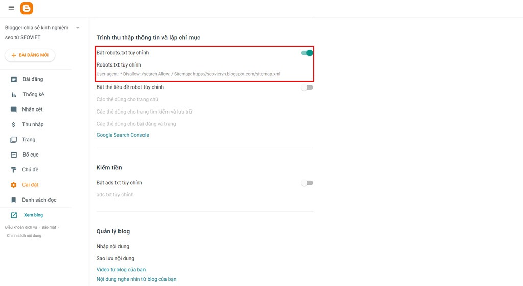 Hướng dẫn tạo website bằng Blogspot miễn phí từ A-Z Cấu hình Robots.txt