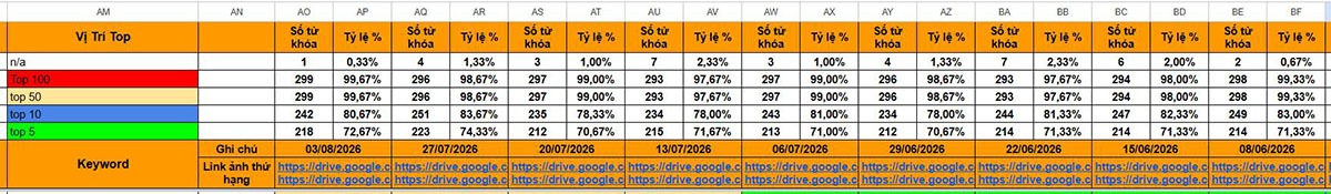 Lịch sử thứ hạng từ khóa BKNS sau khi đạt KPI SEO